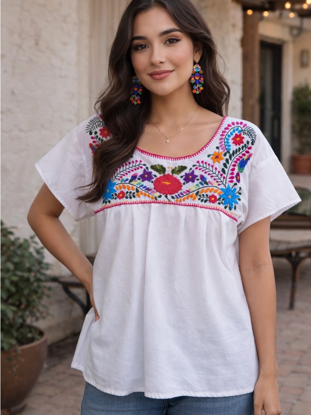 Boho Chic Embroidered White Peasant Tunic Top with Multicolor Floral Yoke